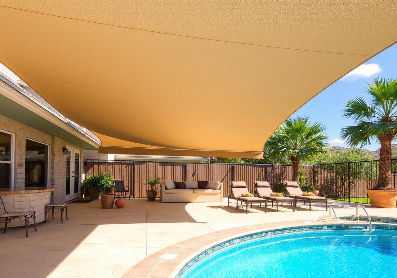 Taupe Sunbrella retractable awning shading a New Braunfels pool deck with sun loungers next to a swimming pool