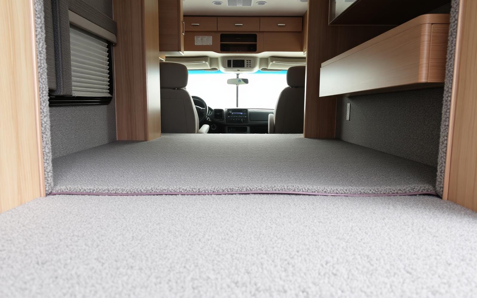 Freshly installed gray RV carpet with professionally bound edges inside a motorhome
