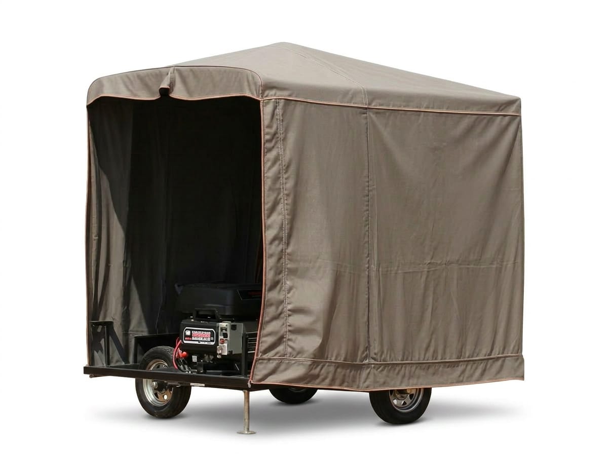 Custom-patterned heavy-duty canvas generator cover with vented top sitting beside a 5th wheel RV in Texas — Texas Made Shade