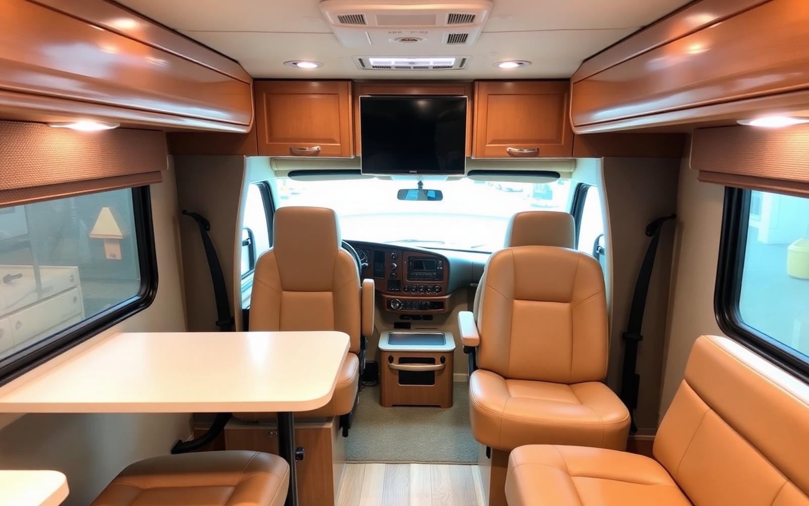 Replacement tan leather captain's chairs and dinette upholstery inside an RV motorhome