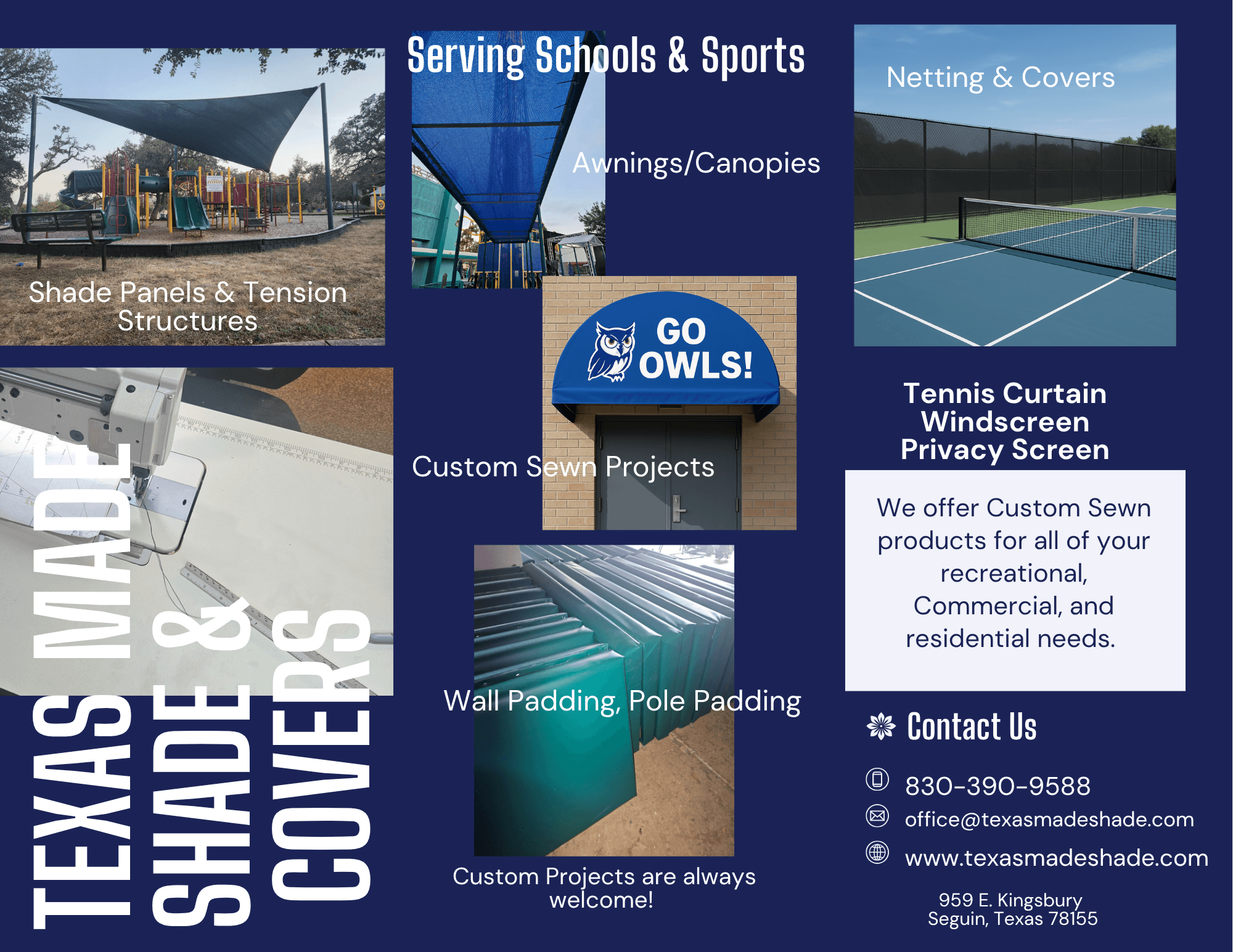 Texas Made Shade & Covers brochure showing services for schools and sports: shade panels, tension structures, awnings, canopies, netting, tennis curtains, windscreens, custom sewn projects, and wall and pole padding