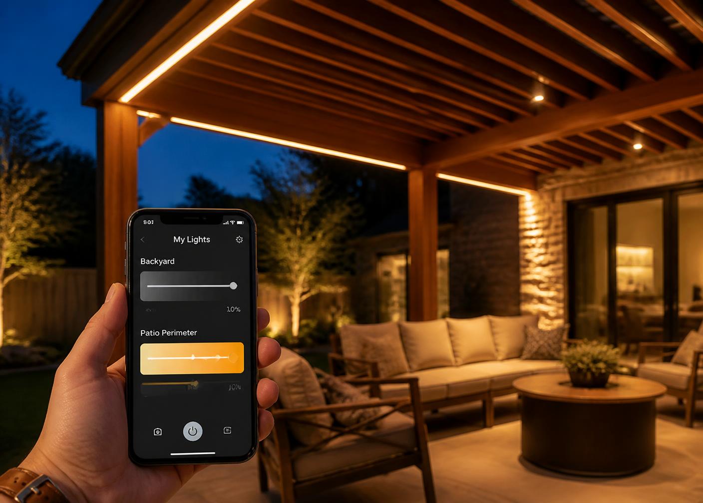 Homeowner using a phone app to dim warm-white Bosso Smart Lighting installed in a Texas patio pergola at dusk