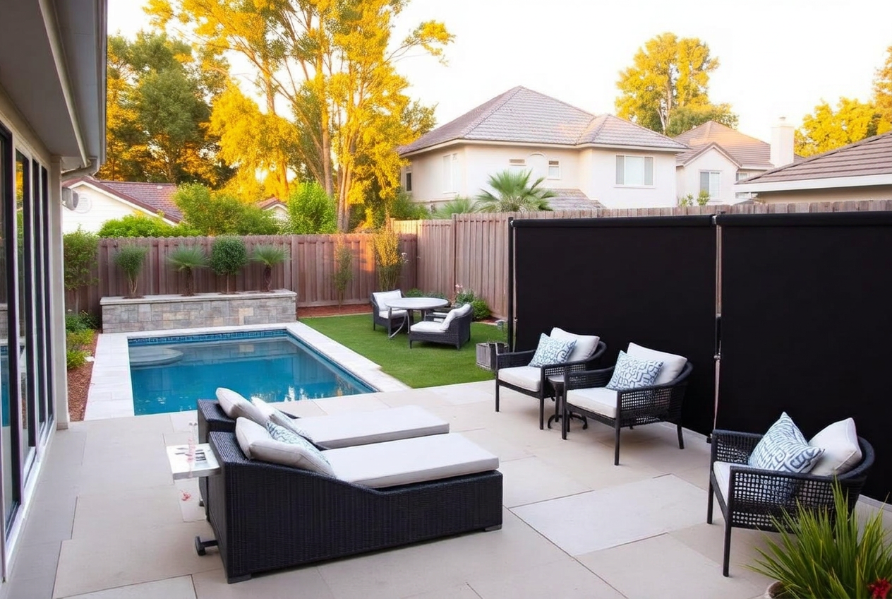 Backyard sound wall and privacy panels screening a luxury pool patio from neighbors