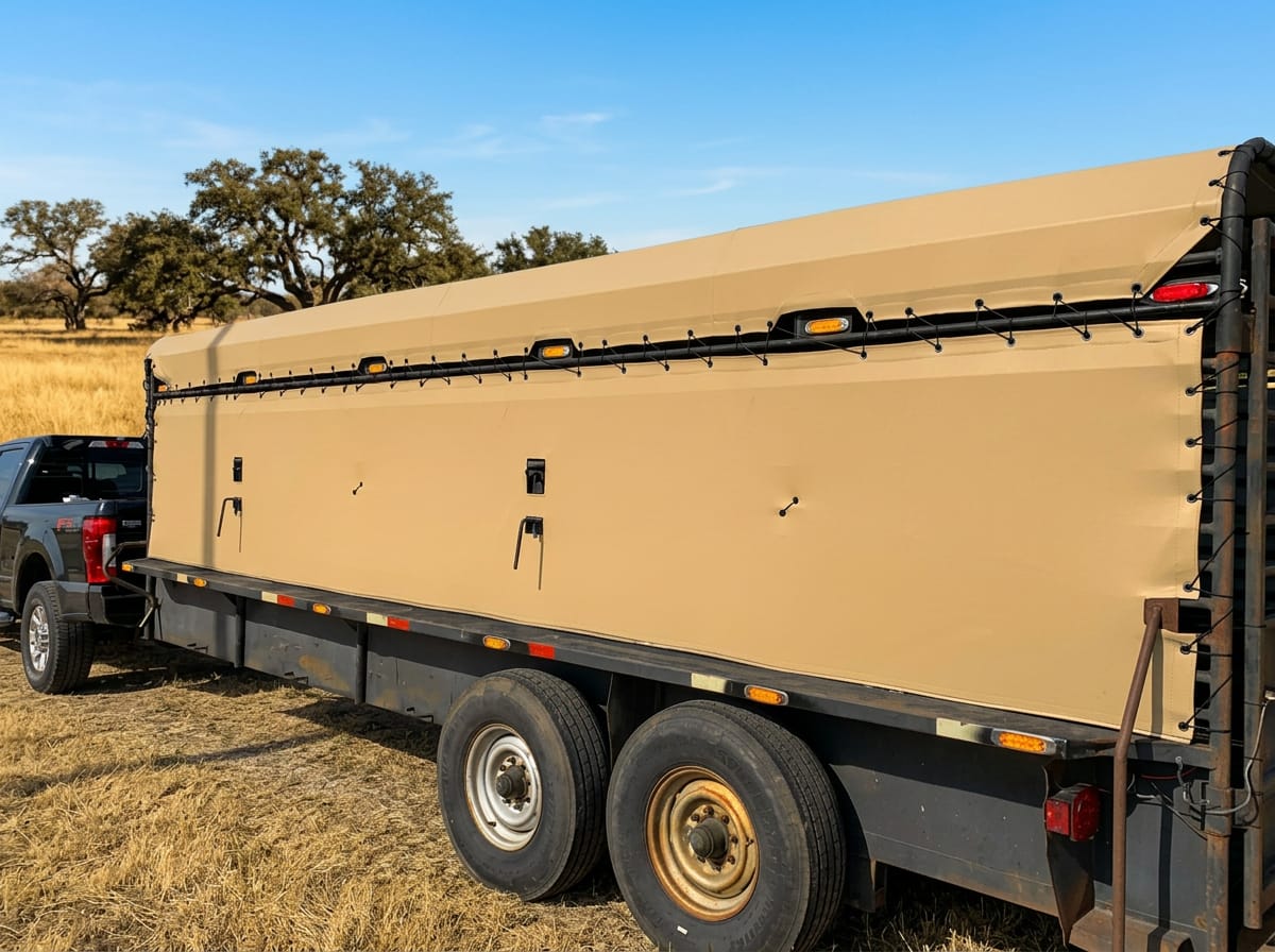 Custom tan heavy-duty vinyl stock trailer cover by Texas Made Shade installed on a gooseneck livestock trailer parked on a Texas Hill Country ranch