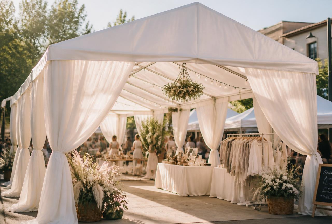 White frame tent with flowing fabric curtains and tie-backs at an outdoor boutique market