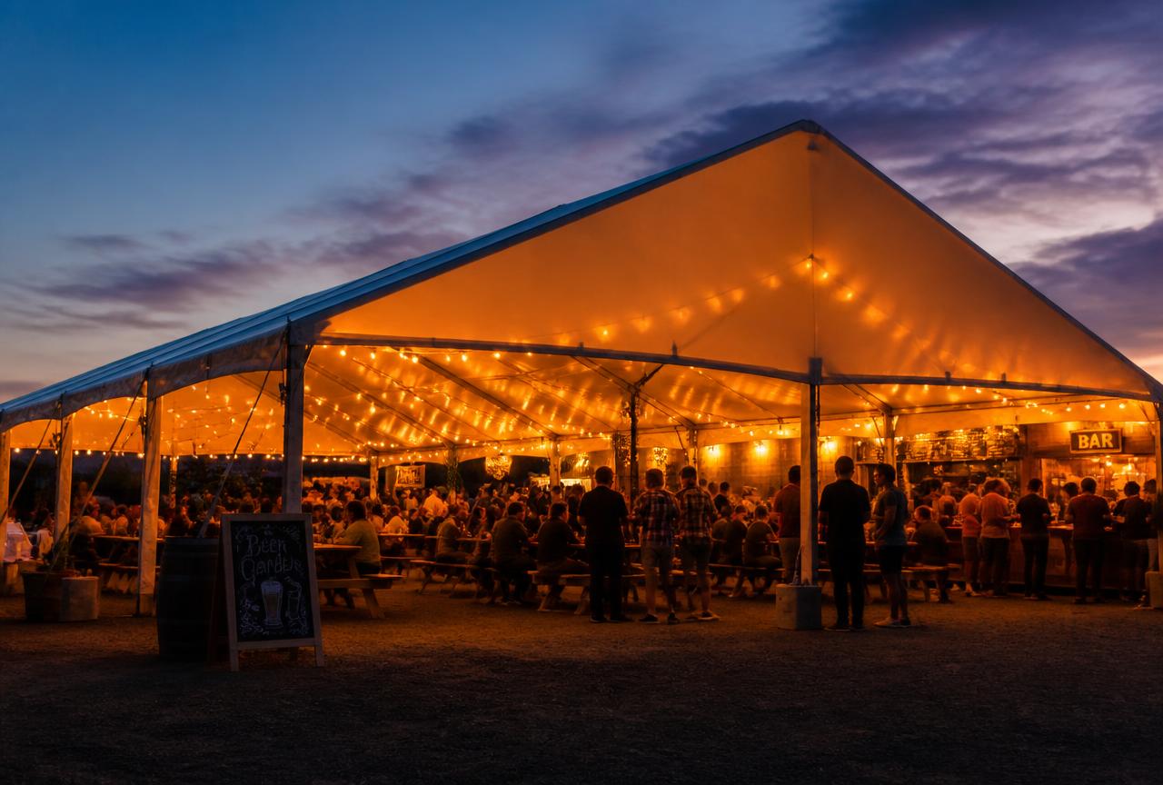 Large frame tent at dusk lit with warm string lighting over a festival beer garden