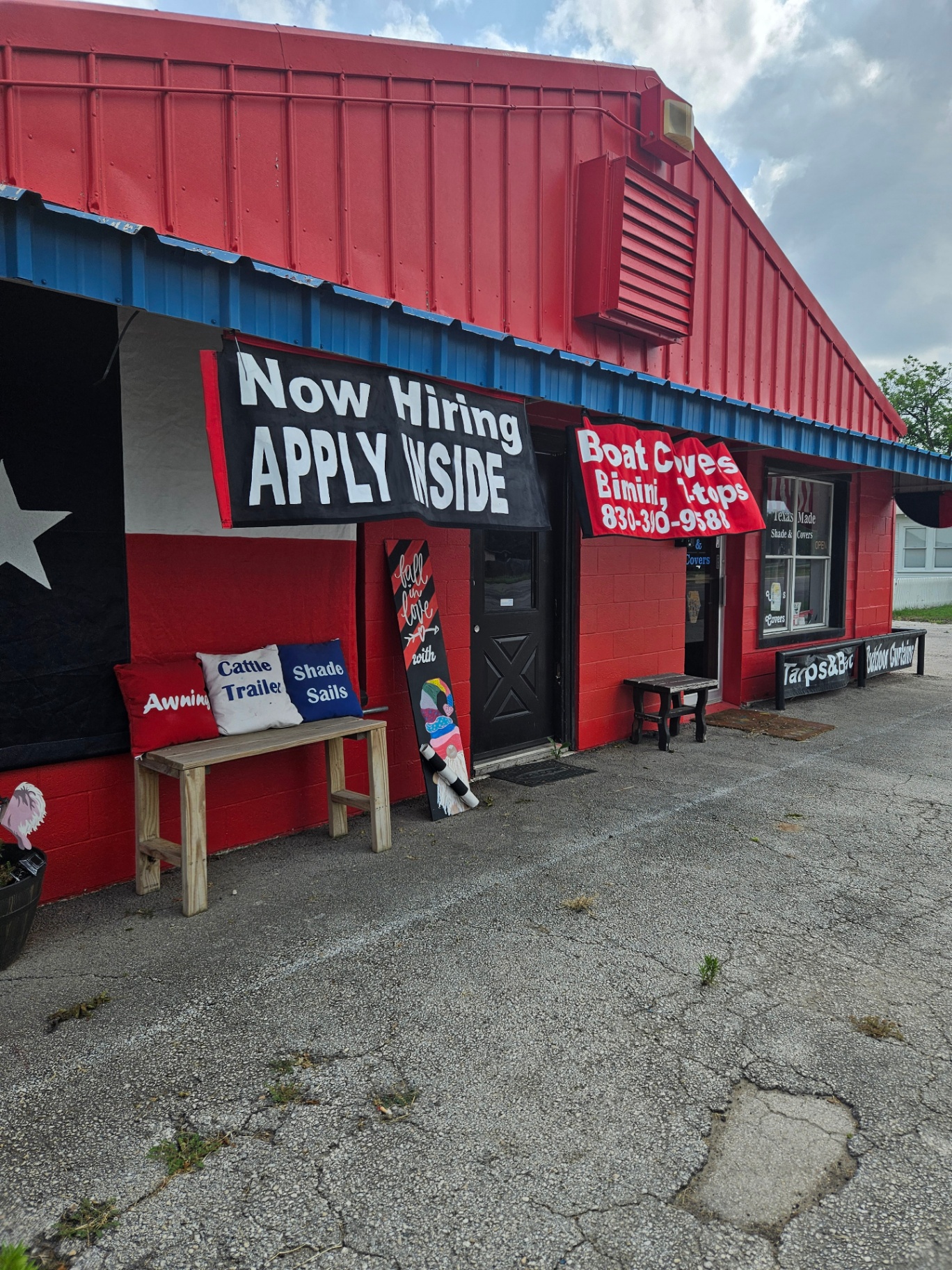Texas Made Shade & Covers storefront in Seguin, TX with Boat Covers, Bimini Tops, Tarps and Outdoor Curtains signage