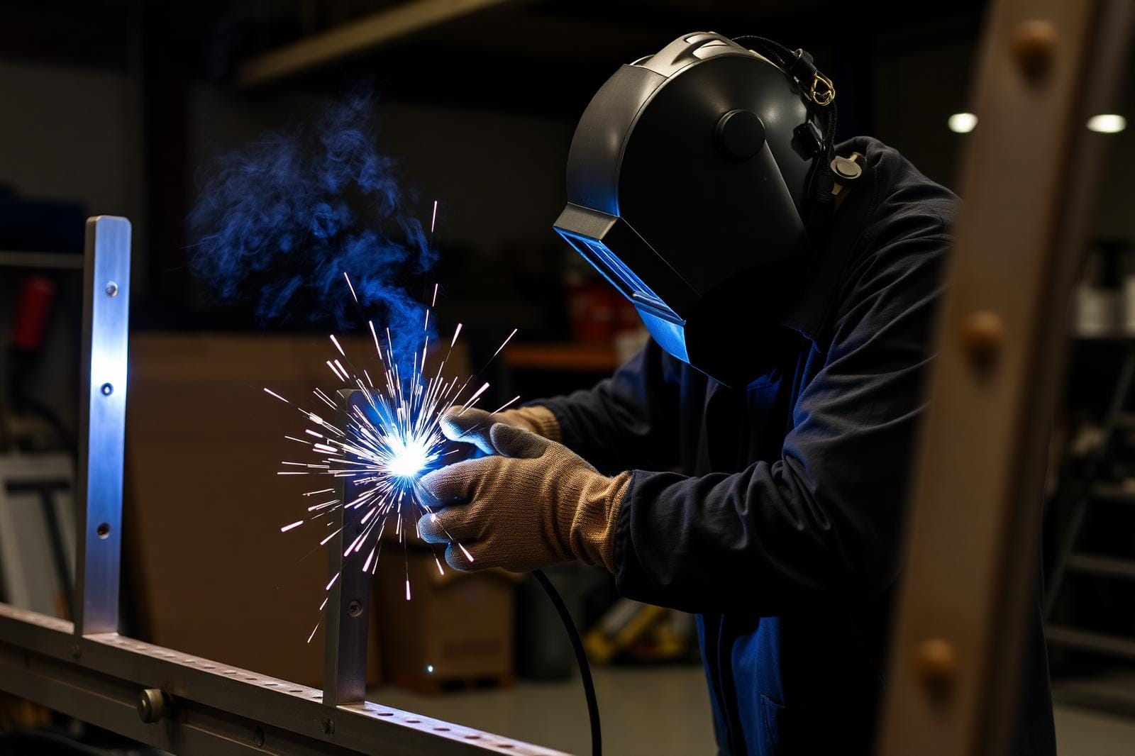 TIG welder fabricating an aluminum dog box frame for a hunting truck inside the Texas Made Shade welding shop in Seguin, TX
