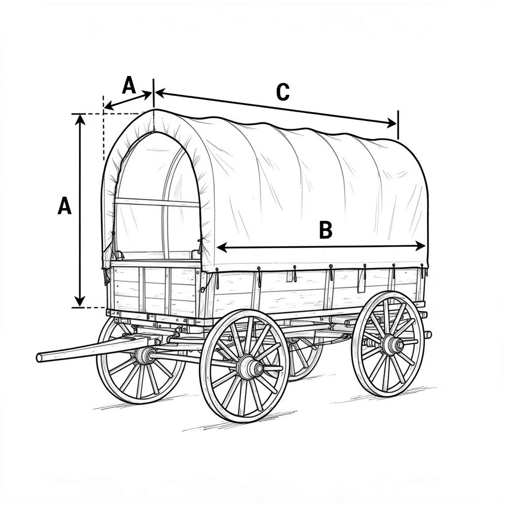 Diagram of a covered wagon showing how to measure: A is the side height of the bow from sideboard to top, B is the length of the wagon along the side from front bow to rear bow, and C is the bow arch measured over the top from sideboard to sideboard