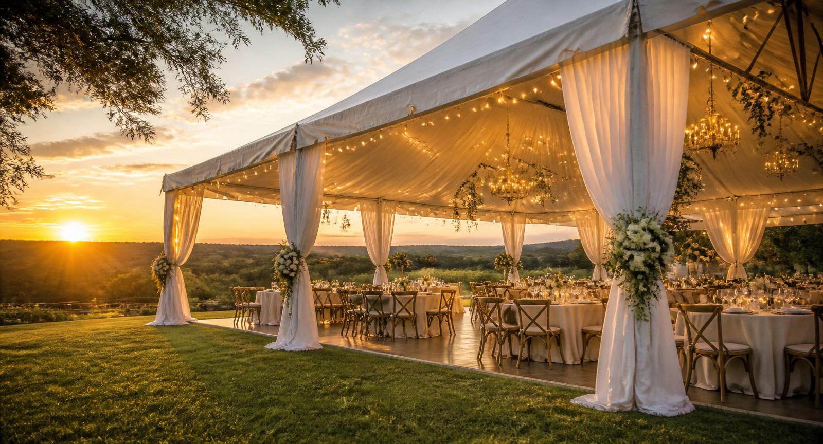 White wedding reception tent with draped fabric and string lights on a Texas lawn at sunset