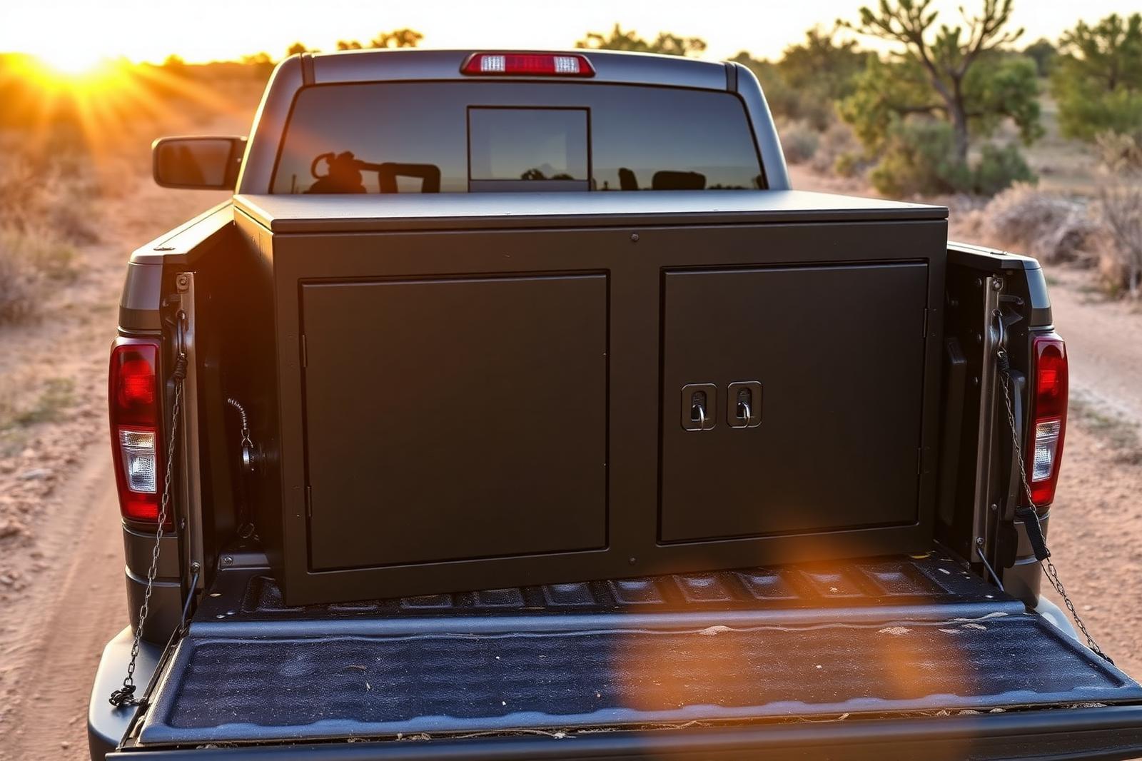 Heavy-duty welded steel dog box, powder-coated black with reinforced lift handles, in a south Texas ranch pickup at sunset